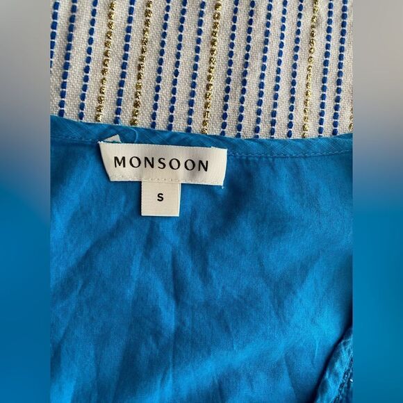 Monsoon Prue Embroidered Mini Dress  Blue Lined 100% Cotton Ruffle Sz Small - Picture 9 of 15